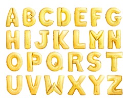 Full alphabet of golden inflatable balloons isolated on white background