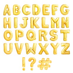 Full English alphabet with exclamation point, question mark and hashtag made of golden inflatable balloons isolated on white background