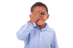African American boy hiding eyes, isolated on white background  - Black people
