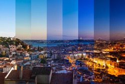 Aerial view montage of Lisbon rooftop from Senhora do Monte viewpoint (Miradouro)  fromn day to night in Portugal