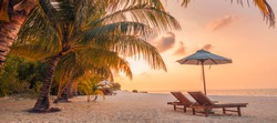 Beautiful tropical beach banner. White sand and coco palms travel tourism wide panorama background concept. Amazing sunset beach resort, landscape view use for summer vacation or tropical holiday