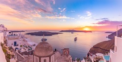 Fantastic evening view of Santorini island. Picturesque spring sunset on famous view resort Fira, Greece, Europe. Traveling concept background. Sunset landscape, luxury travel. Wonderful sky and sea