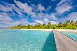 Beautiful tropical Maldives island with beach, exotic sea and coconut palm trees on blue sky for luxury nature holiday vacation background concept. Boost up color processing. Summer travel destination