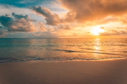 Closeup of sea beach and colorful sunset sky. Panoramic beach landscape. Empty tropical beach and seascape. Orange and golden sunset sky, soft sand, calmness, tranquil relaxing sunlight, summer mood