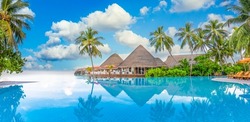 Beachside tourism landscape. Luxurious beach resort poolside, swimming pool and beach chairs or loungers, umbrellas with tropical palm trees and blue sky. Summer travel and vacation background concept