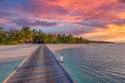 Sunset on Maldives island resort. Wooden pier with beautiful sky clouds over tropical palm beach sea for summer luxury vacation holiday and travel concept. Paradise sunset, exotic holiday landscape
