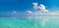 Relaxing seascape with wide horizon of the sky and the sea. Panorama of tropical beach seascape horizon. Abstract bright sunshine sky light tranquil relax summer seascape freedom wide angle