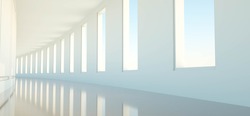 Long empty korridor with open windows 3d render