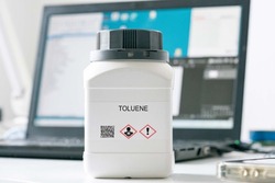 Toluene. Toluene hazardous chemical in laboratory packaging