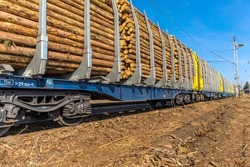 Wagons laden with wood in Czech Republic. Timber trading. Freight. Transportation of timber by rail. Timber transport.
