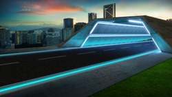 Futuristic style highway tunnel road with blue neon light and cityscape background .