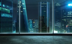 Empty office room with view of the modern business skyscrapers high-rise buildings at night . Mixed media .