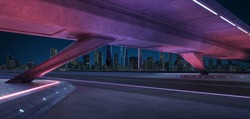 Empty asphalt road under the bridge during the night with beautiful city skyline background .
