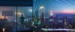 Young business man standing in the office watching the modern city night view with abstract polygon pattern connection with speed line light. SMART Business Goal concept.