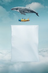 Blank white banner with a copy space area hanged up from fantasy air plane