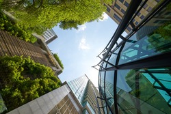 Low angle shot of modern glass buildings and green with clear sky background.