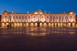 The city hall and square in Toulouse France is very beautiful night.It is the France's one of the most beautiful night view. Famous Airbus series airplane were made in Toulouse.