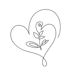 Continuous line hand drawing calligraphic vector flower with heart. Concept logo beauty. Monoline spring floral design element in minimal style. Valentine love concept