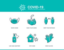 Coronavirus Covid prevention tips icon, how to prevent template. Infographic element health and medical Wuhan vector illustration lockdown mask, wash hands, keep distance, stay home.