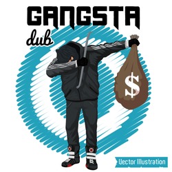 SWAG robber celebrates the victory. Vector illustration for t shirt printing, poster, banner. Graphic tee and printed tee. Dancing thief with money in hands. DUB rap sign. Funny print for tshirt, tee