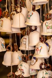 Close up view of ceramic bells in a souvenir shop in Prague, Czech Republic