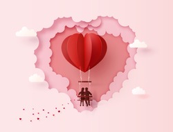 Concept of Love and Valentine day ,Couples sit on swing floating on the sky with hot air balloon Heart shape. Paper art collage style.
