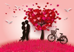 Concept of valentine day , two enamored under a love tree in the spring season,paper art  and craft style.