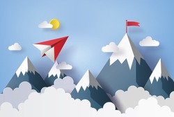illustration of nature landscape and concept of business, plane flying on sky with cloud and mountain.design by paper art and  digital craft style