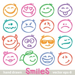 set of hand drawn smiles on white background