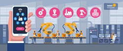 Smart industry 4.0 infographic. Man connecting with a factory using smartphone and exchanging data with a neural network. Artificial intelligence. Vector illustration.