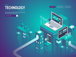 High technology concept. Landing page template. Header for website. High detailed isometric vector illustration 