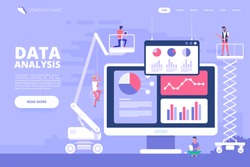 Data analysis design concept. Analysts working. Small people with data analysis graphs and charts. Trendy flat style. Vector illustration. 
