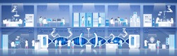 Science lab. Laboratory assistants work in scientific medical chemical or biological lab setting experiments. DNA research. High detailed vector illustration