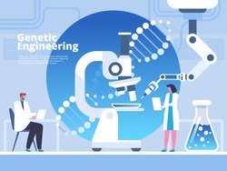Genetic engineering flat banner vector template. Scientists, doctors cartoon characters. Medicine innovation advertising poster layout. Dna helix laboratory research illustration with text space