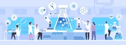 Lab chemical experiment flat vector illustration. Male and female scientists, chemists cartoon characters. Nanotechnology, microbiology science. Futuristic medical innovation, laboratory research