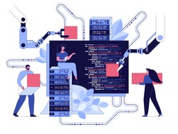 Web development and software programming concept. Screen with programming code, developers with robots working gear tools, building website or app, office teamwork. Vector character illustration