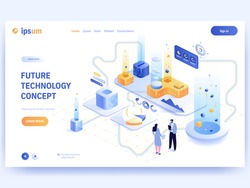 Future technology concept banner template. Scientists experiment in futuristic laboratory, process automation, abstract equipment, scientific research, innovation. Vector character illustration