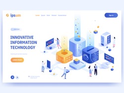 Innovative information technology concept banner template. Global online communication, cloud computing. People work in abstract or virtual office, app development. Vector character illustration