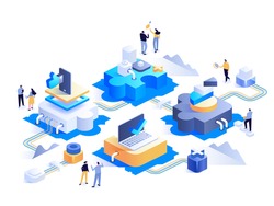 Futuristic abstract tech isometric concept. Network puzzle, analysis statistical data, sets up online work, internet connected, work in social media. Modern office. Vector character illustration