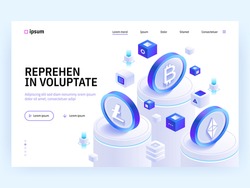 Vector landing page of Tech isometric concept. Cryptocurrency exchange, digital money currency, banking transaction, financial tools, investment. Illustration of advertising banner in isometry design 