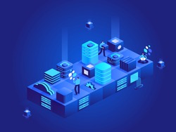 Cloud computing technology isometric concept. People working on datacenter server, data processing, cloud storage, online programming, web hosting.  Vector character illustration in isometry design