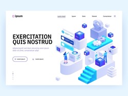 Blockchain Ecosystem and Digital Asset Exchange concept landing page. Cryptocurrency mining farm, data analysis, online payment. Vector illustration of people isometry scene for web banner design