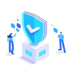 Cyber security and personal data protection. People work in security system. Antivirus program, protection hacker attacks. Verification and authentication users. Vector illustration in isometric view