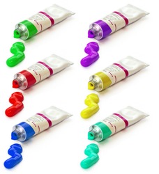 colorful acrylic paints in tubes isolated on white
