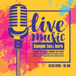 Vector poster for a live music concert with a microphone and place for text on background of colored spots