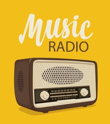 Vector poster for radio station with an old radio receiver and inscription Music radio on the yellow background. Radio broadcasting banner. Suitable for advertising, banner, poster, flyer