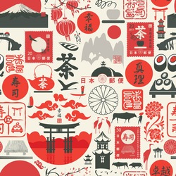 Seamless pattern on the theme of Japan. Translation from Japanese characters: Sushi, Tea, Perfection, Happiness, Truth, Japan Post. Vector repeating background, wallpaper, wrapping paper, fabric