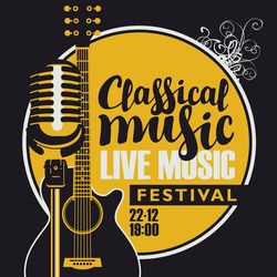 Vector poster for a live music festival with a microphone, acoustic guitar and inscription classical music. Template for flyers, banners, invitations, brochures and covers in retro style.