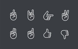 Vector hands icons set: finger counting, stop gesture, fist, devil horns gesture, okay gesture, v sign
