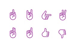 Vector hands icons set: finger counting, stop gesture, fist, devil horns gesture, okay gesture, v sign